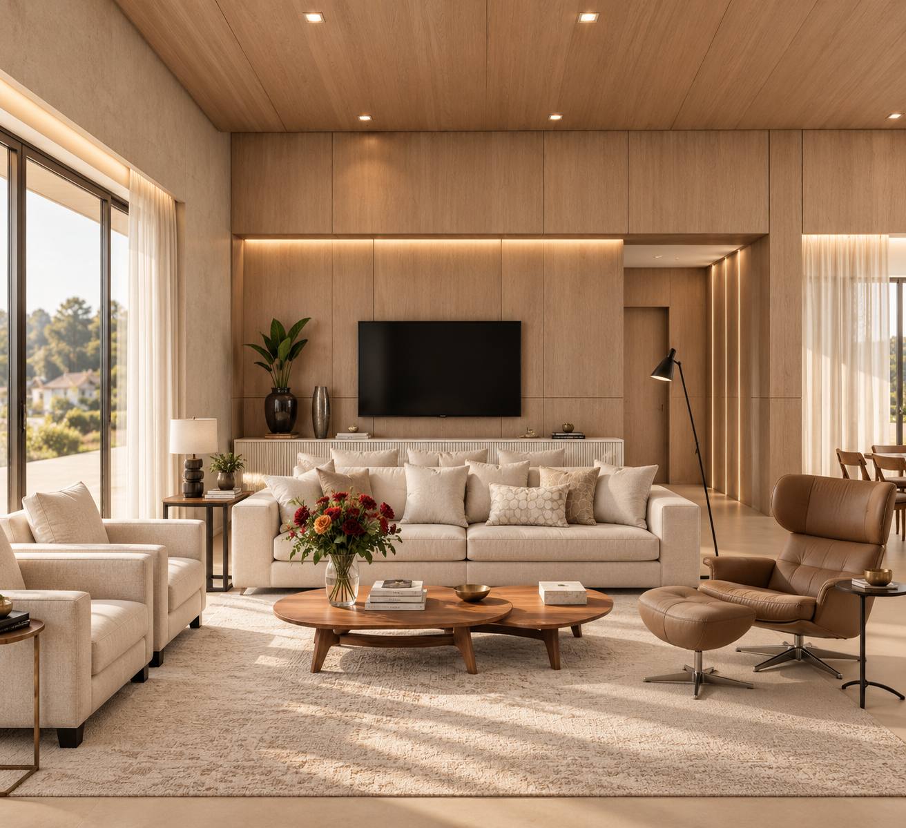 Sala de estar com painel de madeira, sofá claro e poltrona de couro