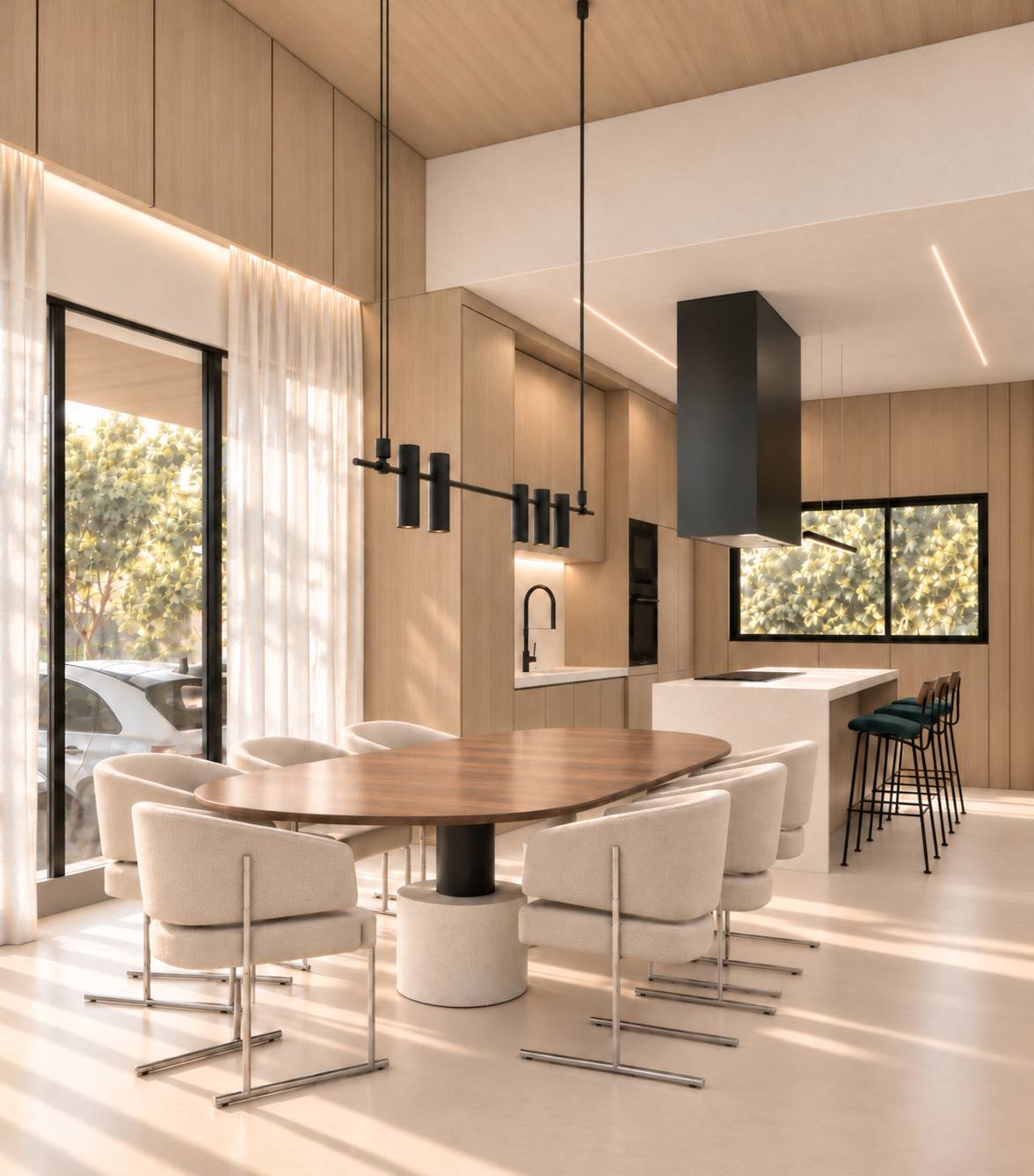 Sala de jantar com mesa oval de madeira aberta para a cozinha